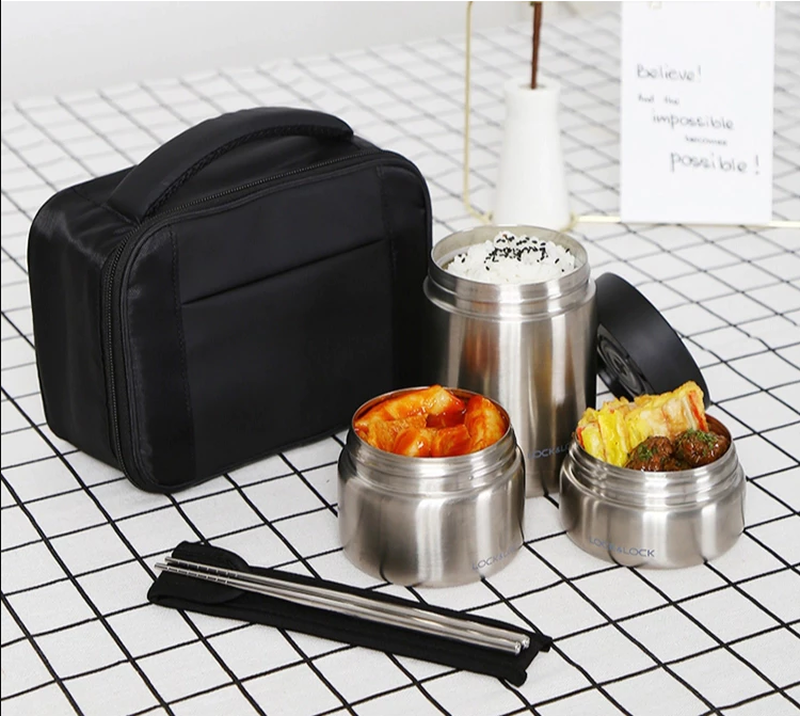 Bộ hộp cơm giữ nhiệt LocknLock bằng thép không gỉ (460ml*1, 420ml*1, 280ml*1, đũa*1, túi*1) - Màu bạc - LHC8032SLV, , large image number null